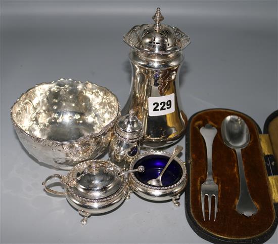 Silver sugar caster, silver bowl, christening pair and 3 piece condiment set
